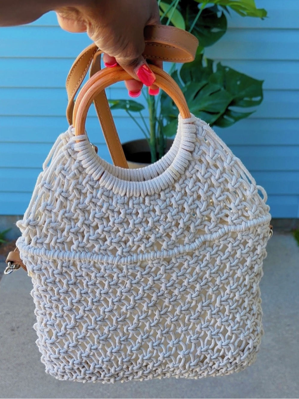 Cream Macrame Tote Bag with Wooden Handles | Boho Beach Purse